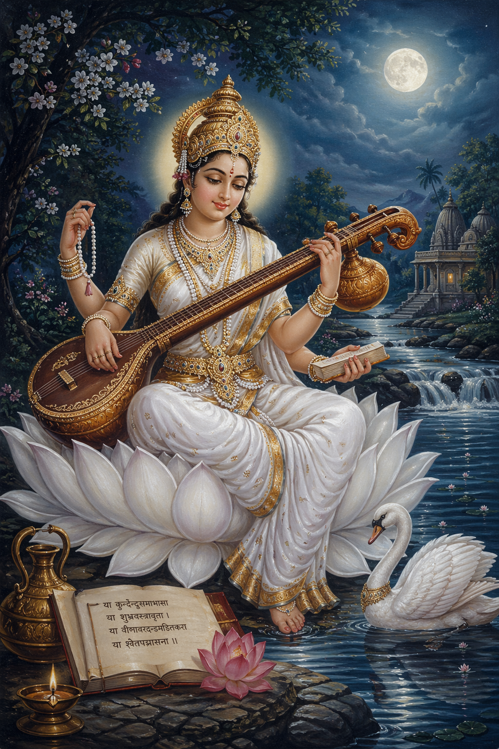 Goddess Saraswati playing Veena on white lotus by moonlit river with swan open book oil lamp night blue silver HD wallpaper