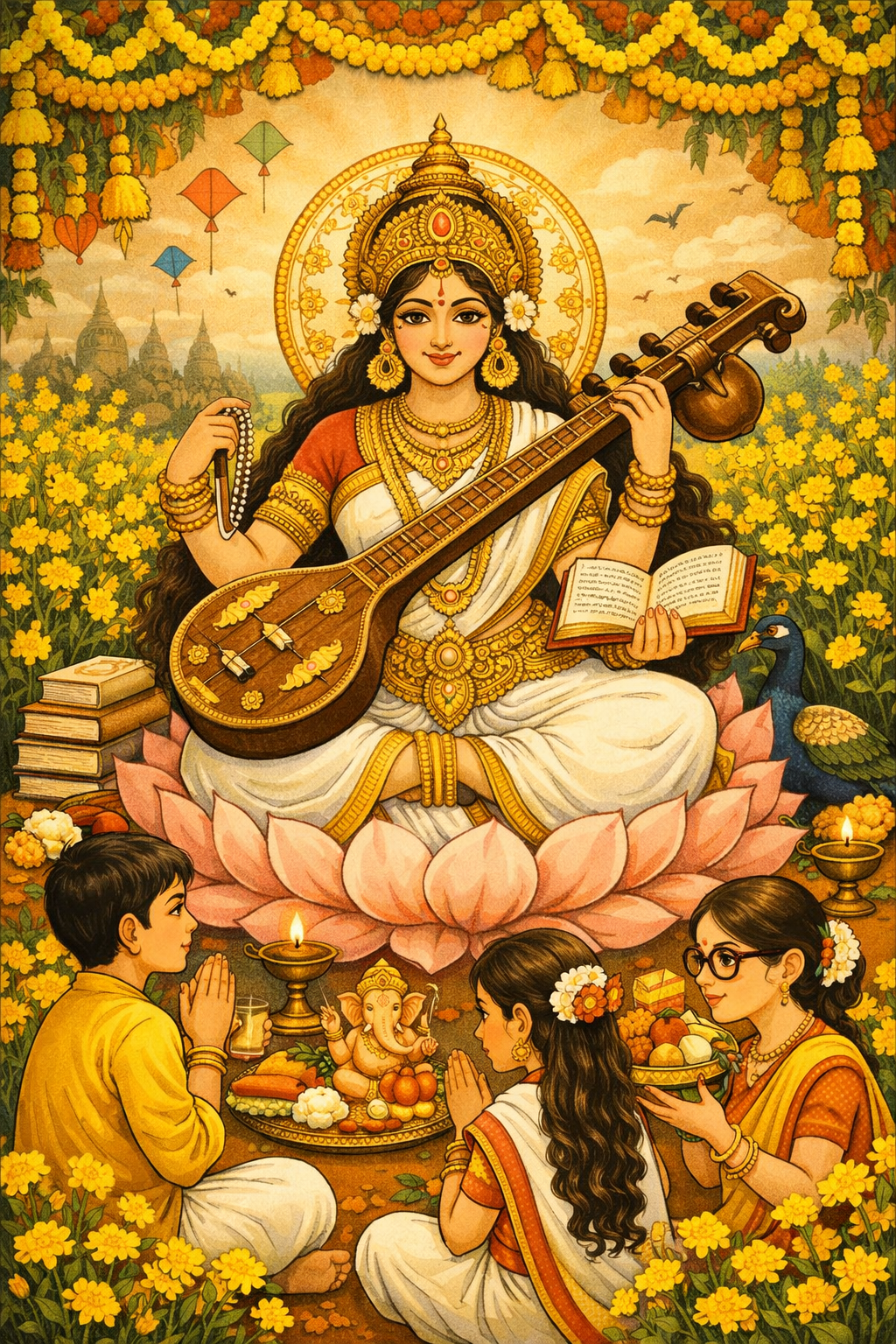 Saraswati Puja Vasant Panchami Bengali style HD wallpaper yellow flowers children praying books kites Ganesha festive spring