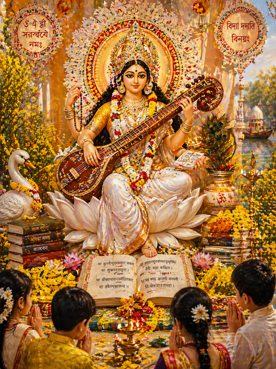 Goddess Saraswati Vasant Panchami Saraswati Puja HD wallpaper yellow mustard flowers students praying Veena books swan festive