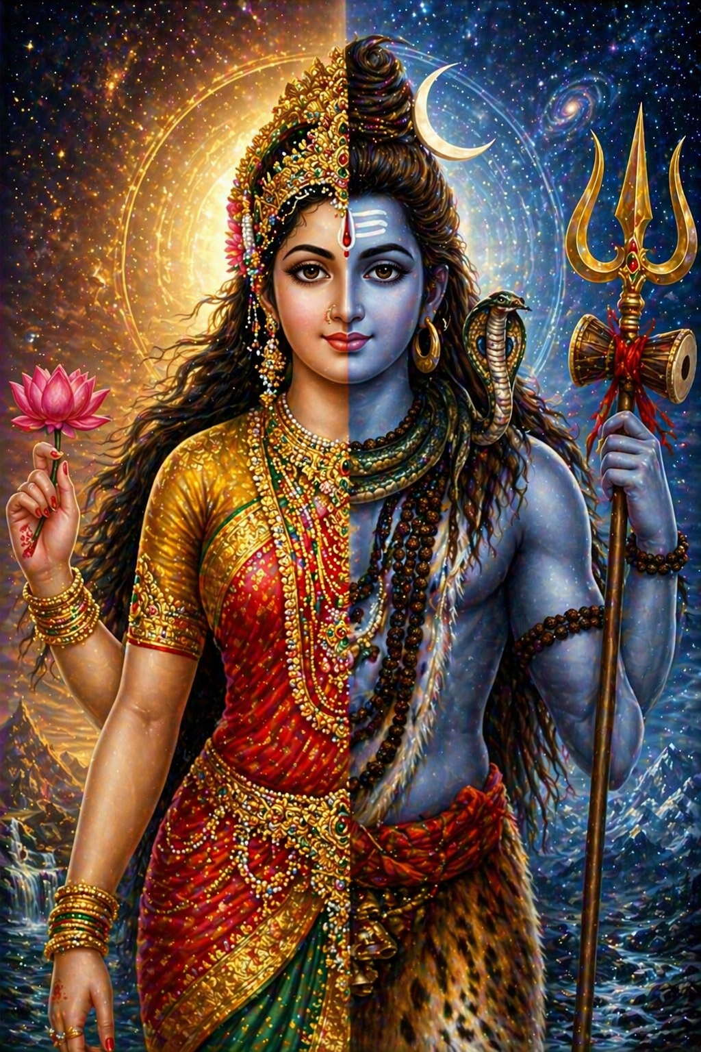 Ardhanarishvara cosmic form with Shiva and Parvati merged in one body with divine light