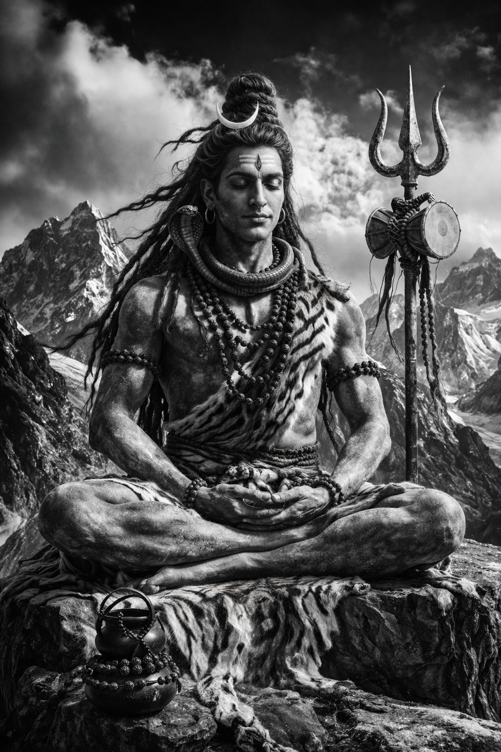 God Shiva in black and white full body meditation pose -- matted hair, ash body, tiger skin, trident, damaru, Himalayan rocks -- HD art