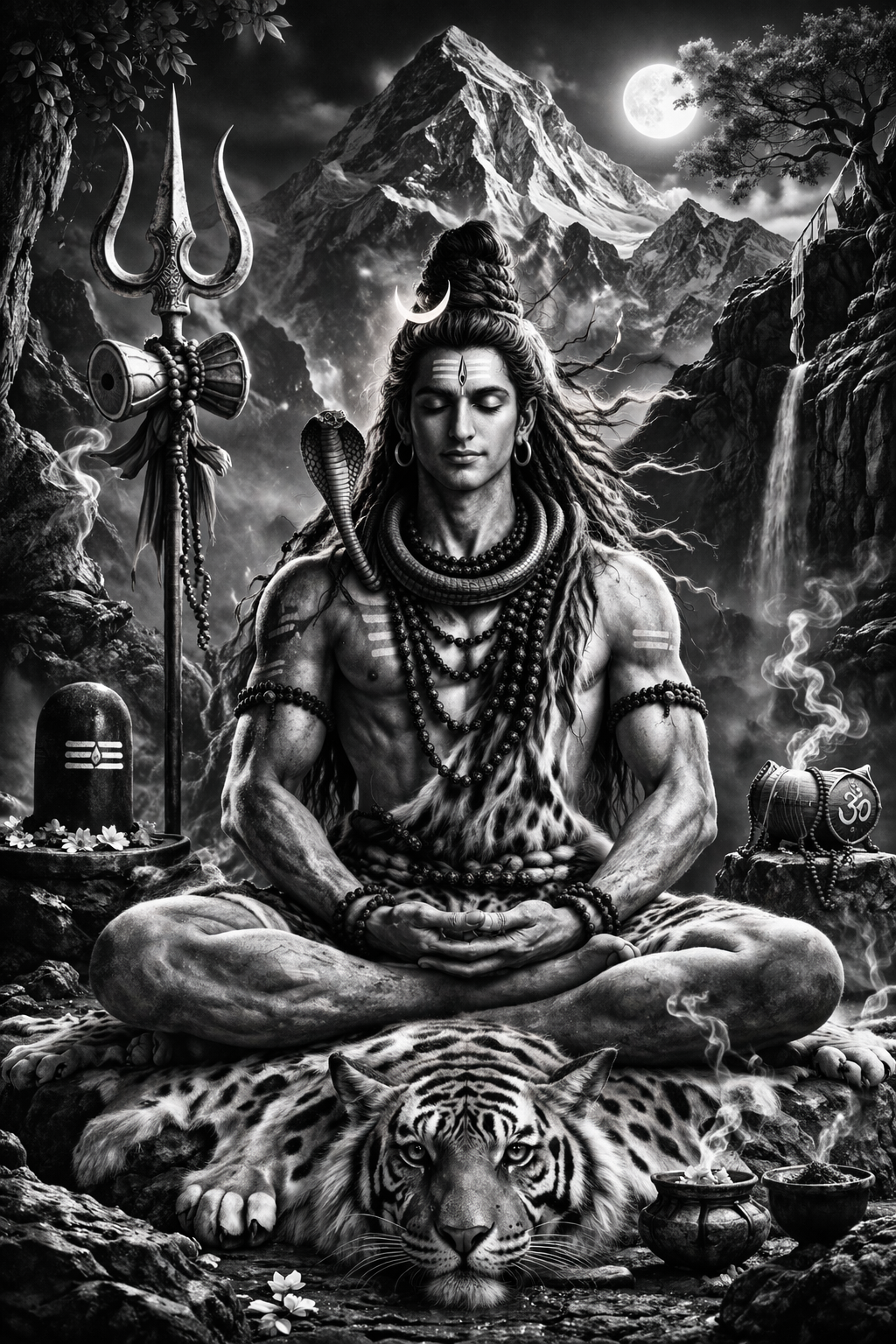 God Shiva black and white meditation variant -- full body, Himalayan setting, chiaroscuro lighting -- HD wallpaper