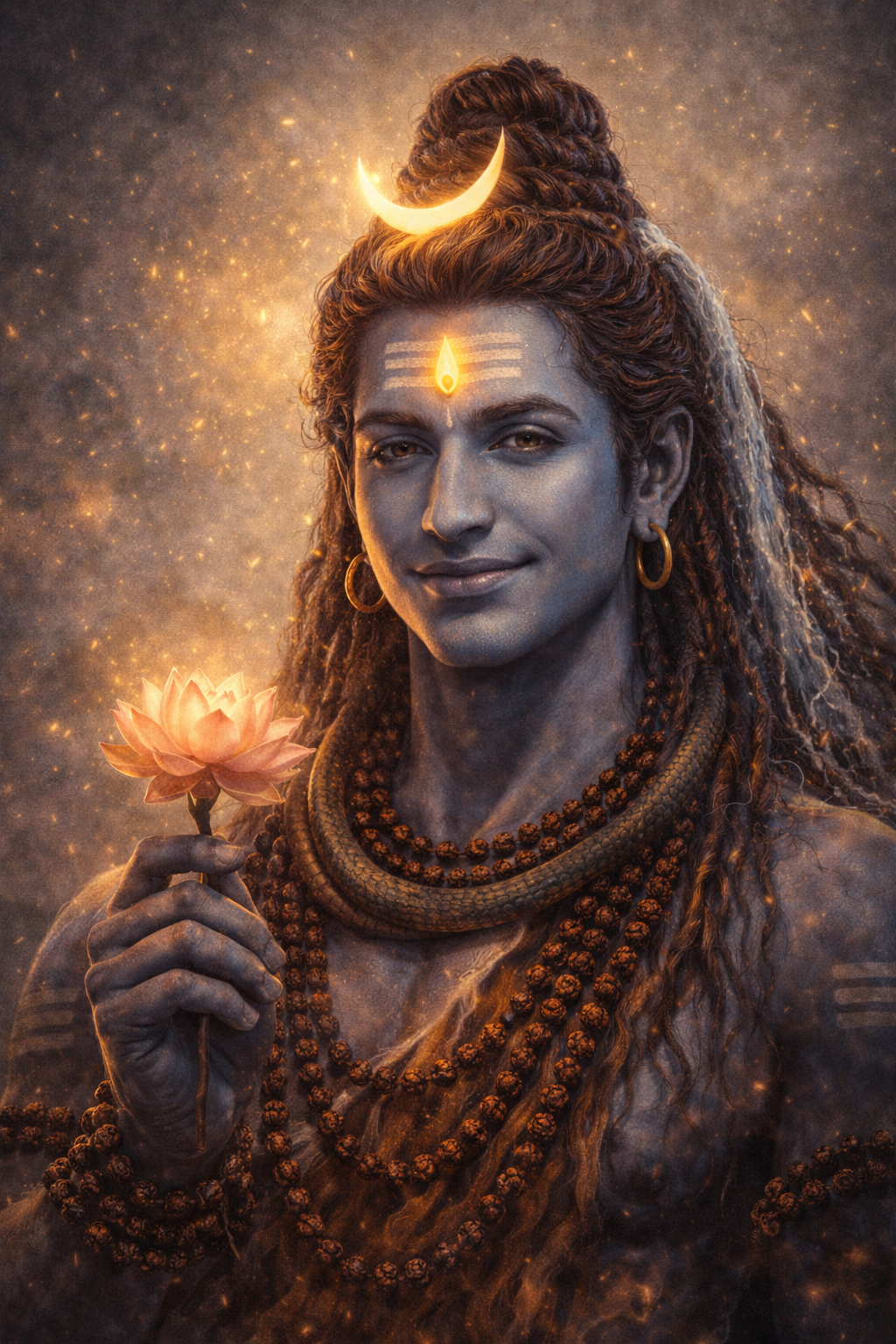 Smiling Lord Shiva holding lotus flower, gentle compassionate expression, divine golden glow -- HD peaceful wallpaper