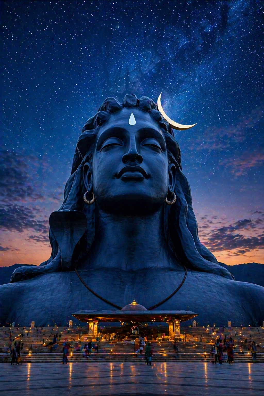 Lord Shiva Adiyogi massive stone sculpture against twilight starry sky with blue and silver tones