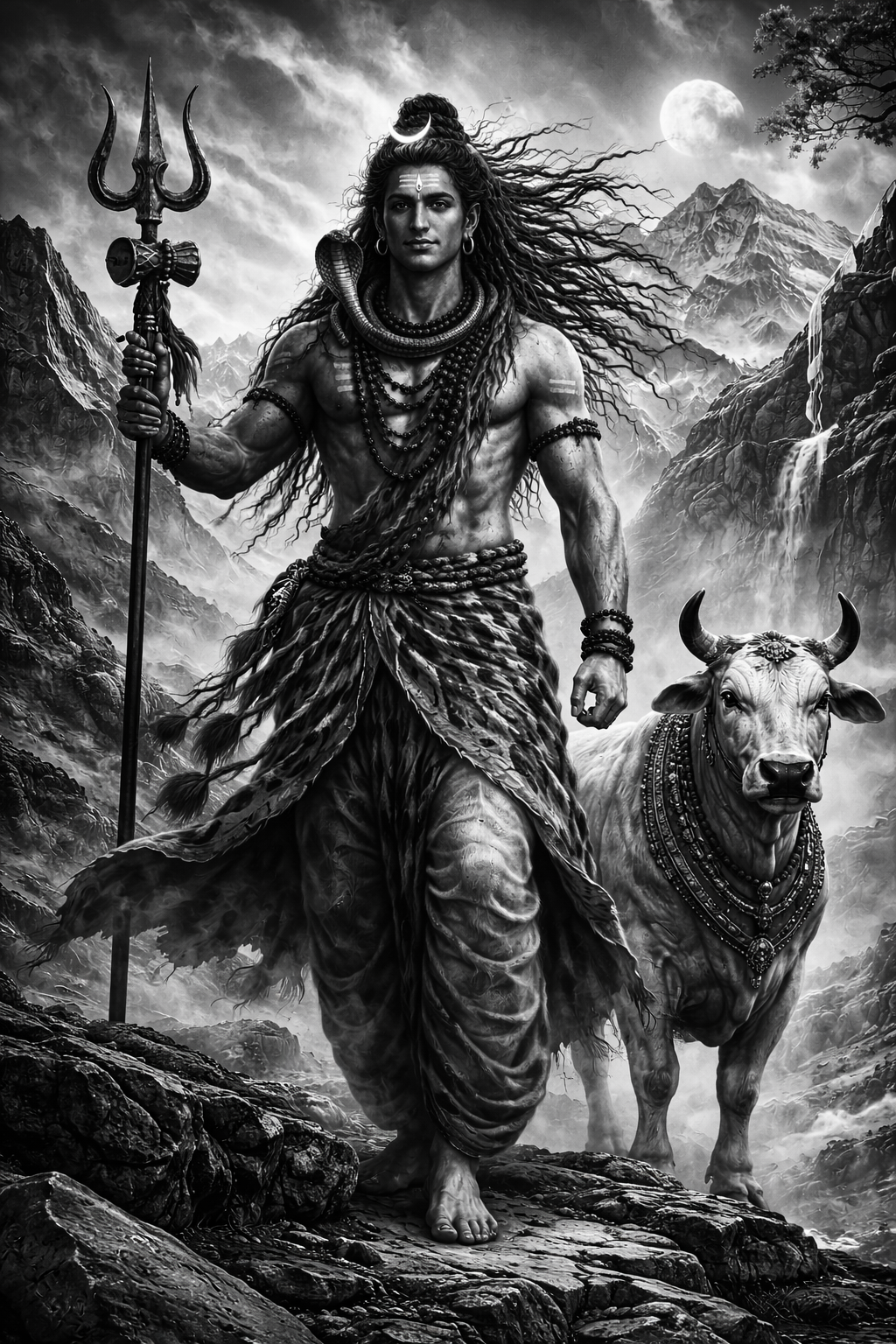 Lord Shiva standing with trident and Nandi bull in black and white mountain landscape -- cinematic monochrome HD wallpaper