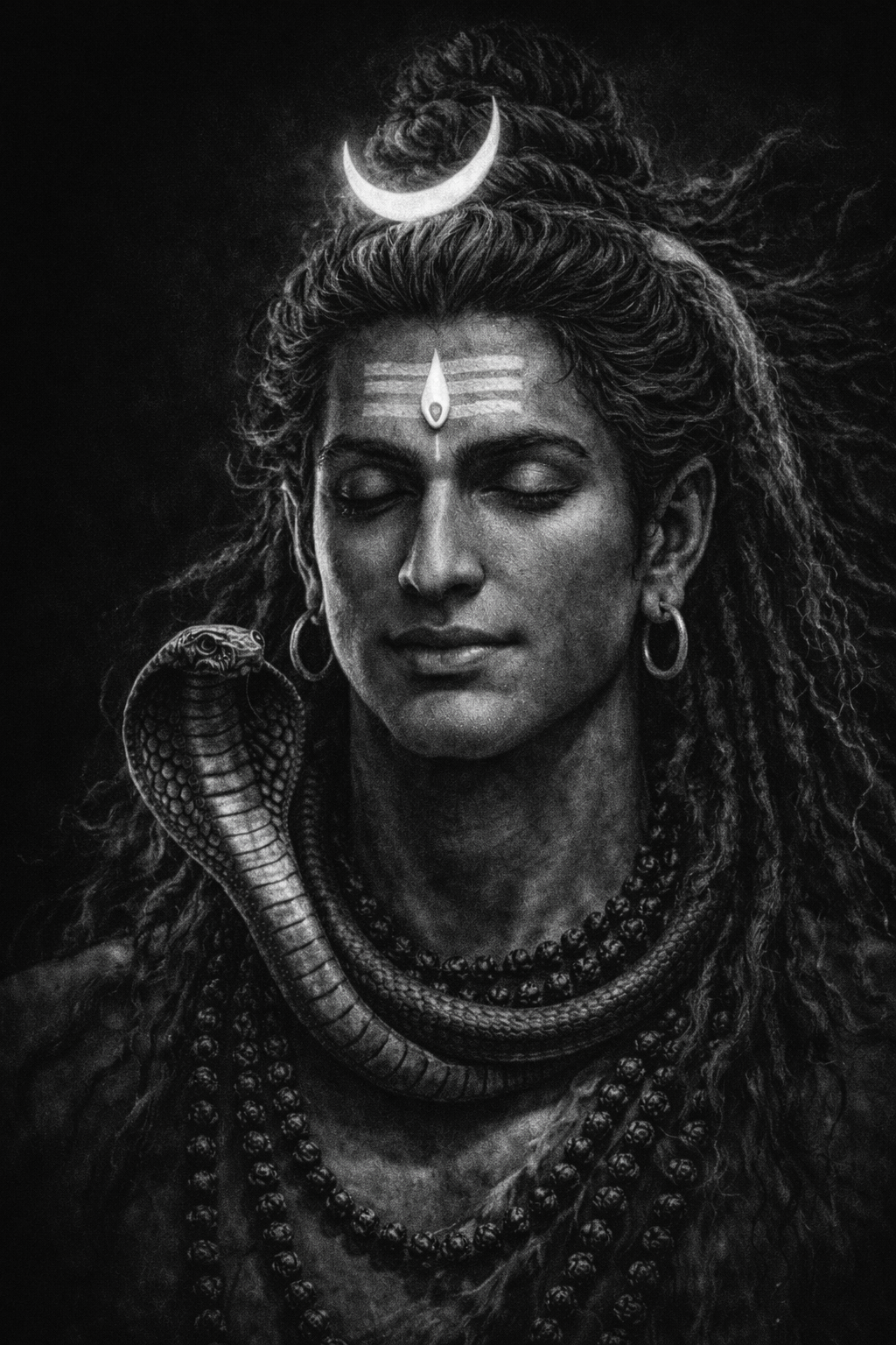 Lord Shiva face close-up in black and white -- third eye, crescent moon, snake, pencil drawing effect -- HD monochrome wallpaper