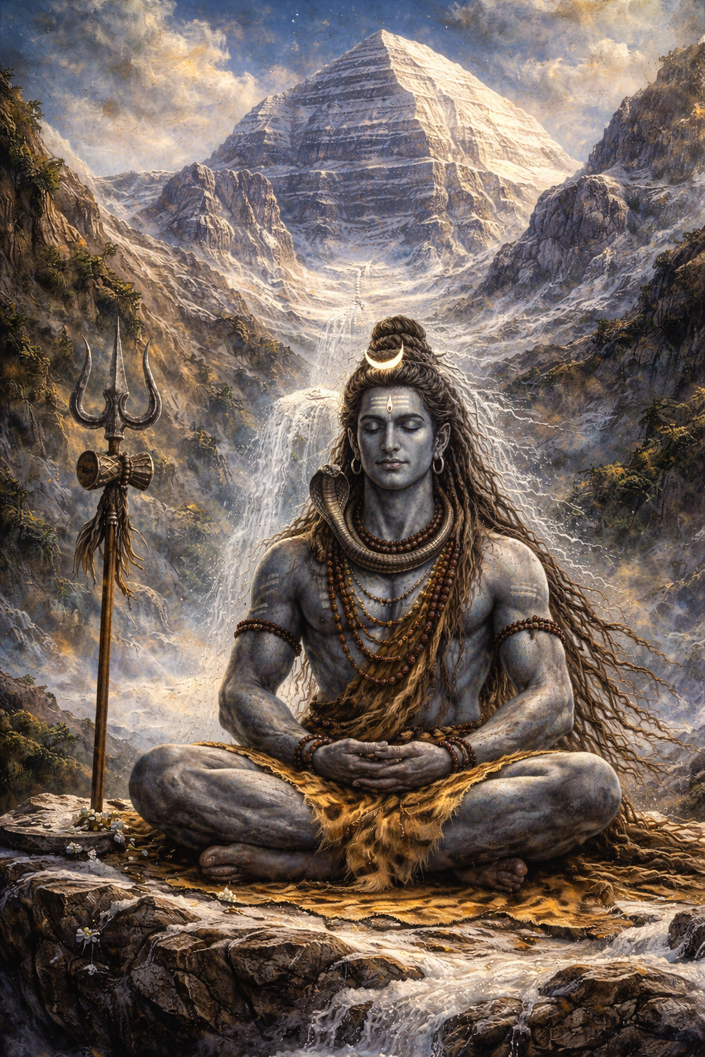 Lord Shiva meditating on Mount Kailash -- oil painting style, blue skin, Ganga flowing from hair, snow peaks, trident in snow -- HD wallpaper