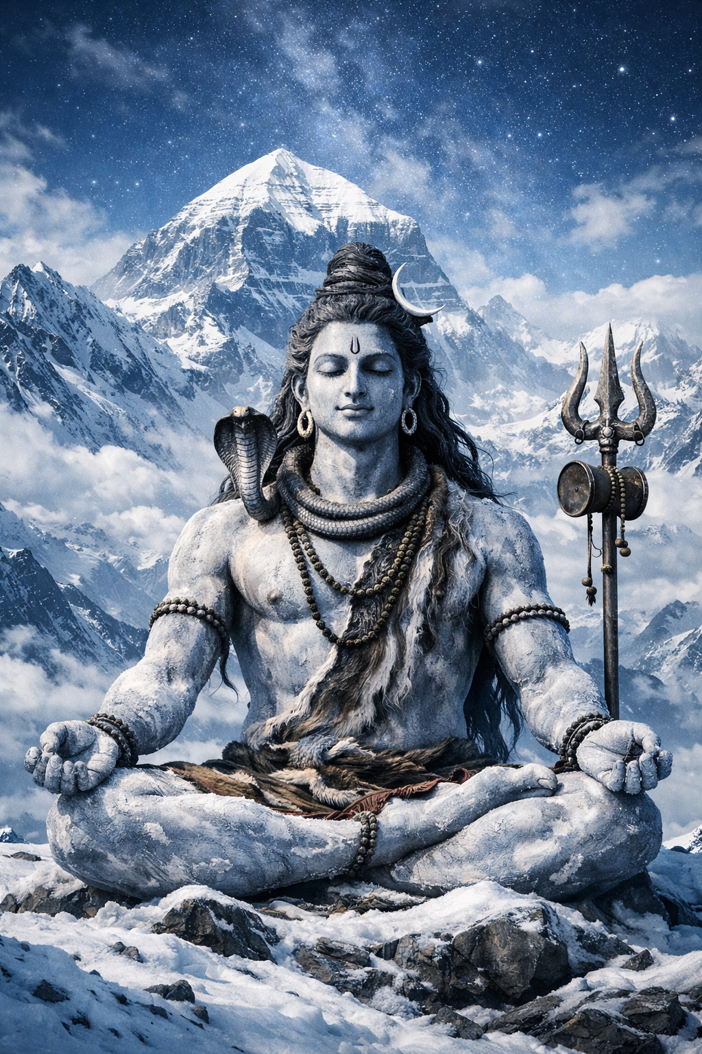 Lord Shiva meditating in padmasana on snow-capped Mount Kailash with trishul and serpent