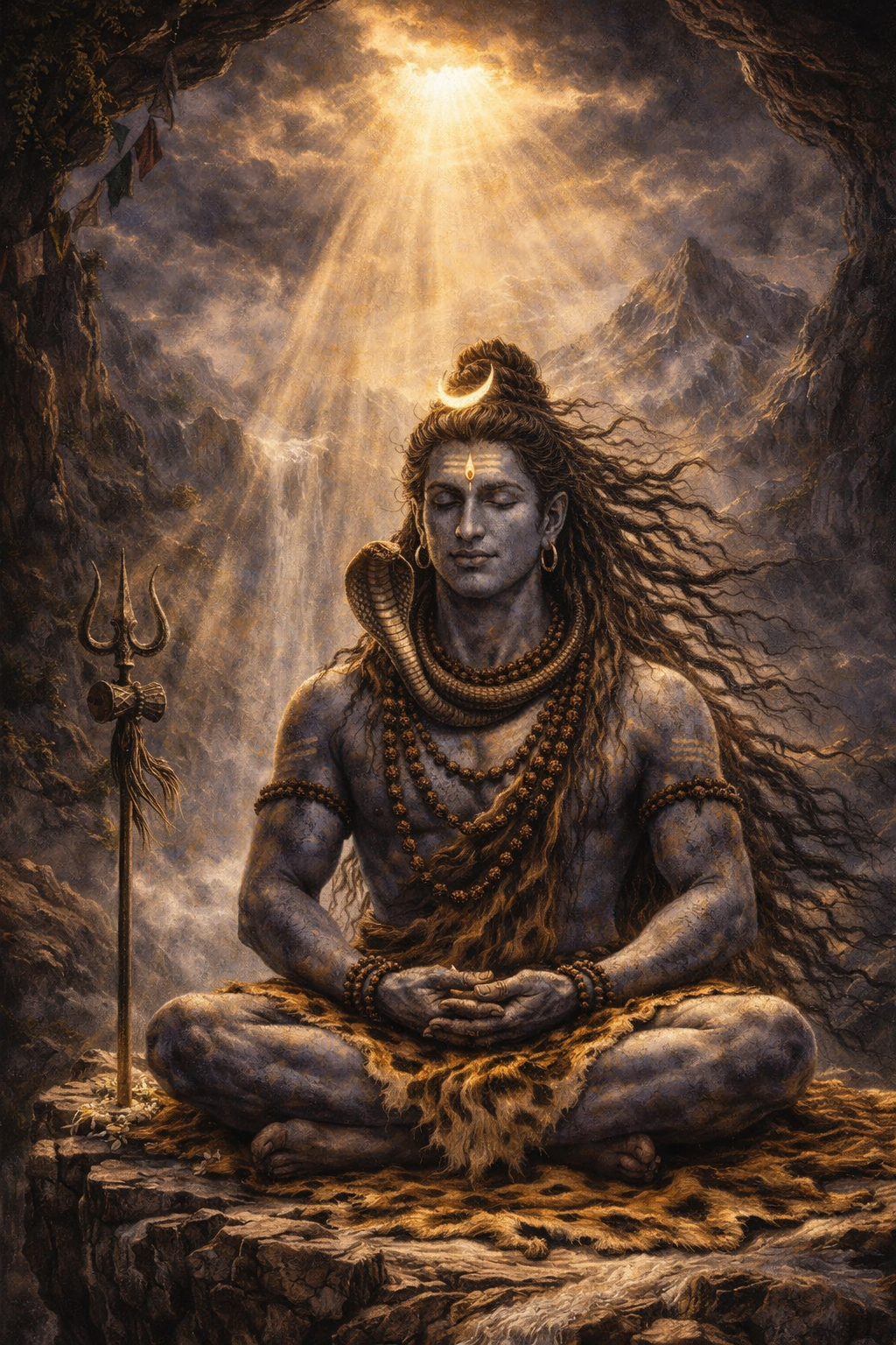 Lord Shiva in lotus pose meditation on tiger skin -- divine golden light from above, crescent moon, rudraksha, dark dramatic background -- HD wallpaper