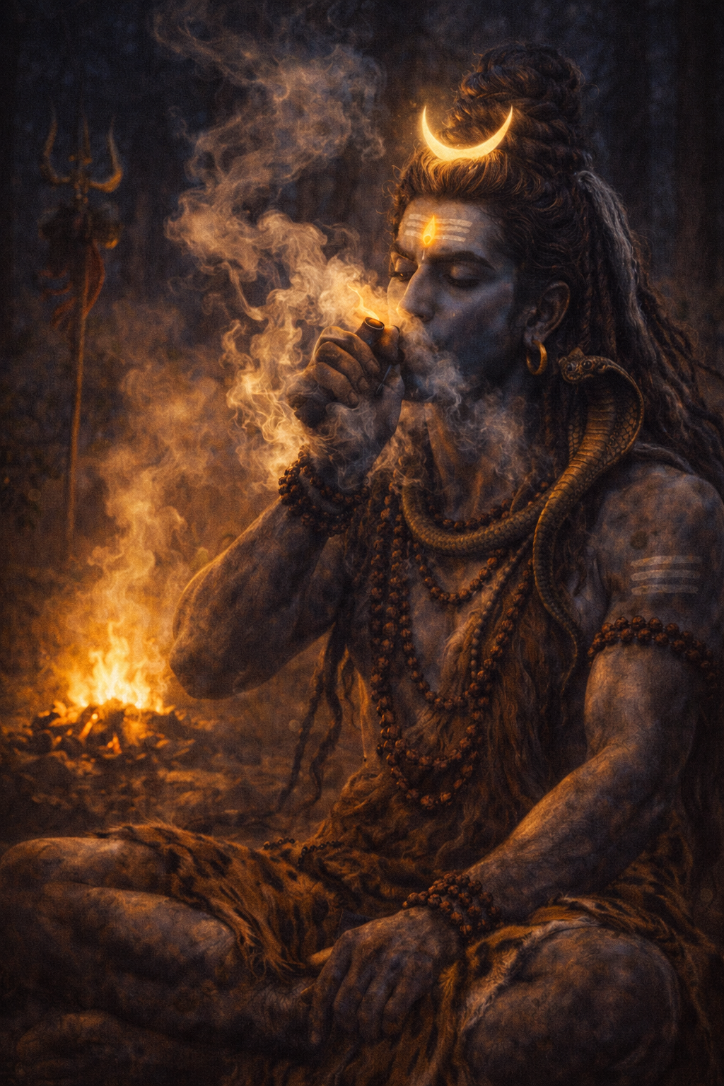 Lord Shiva as ascetic with matted dreadlocks by sacred fire in dark forest, smoke swirling -- HD Mahadev wallpaper