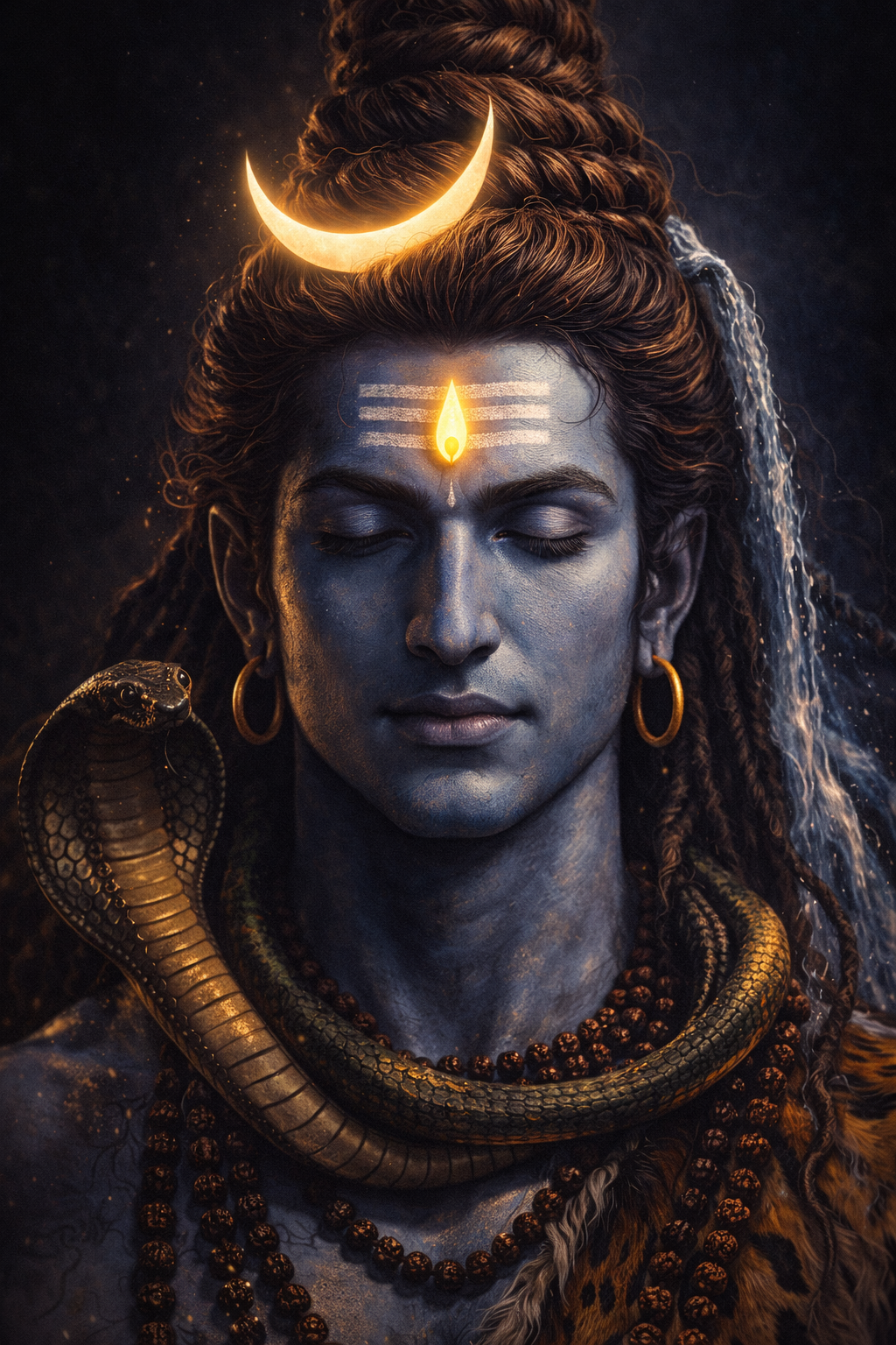 Lord Shiva portrait with intensely glowing third eye, blue skin, dramatic lighting -- HD Mahadev wallpaper variant