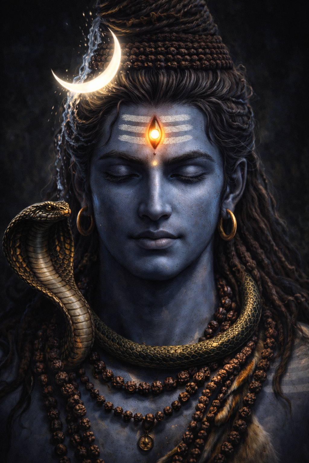 Close-up portrait of Lord Shiva with blue skin, glowing third eye, crescent moon, snake -- hyper-detailed HD Mahadev wallpaper