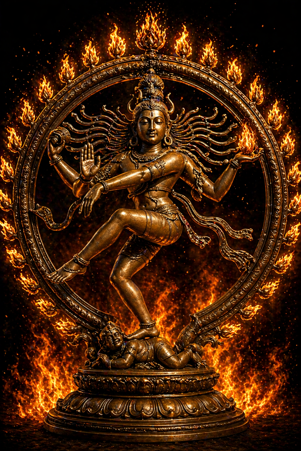 Nataraja performing Tandava dance in dramatic fire circle against black background