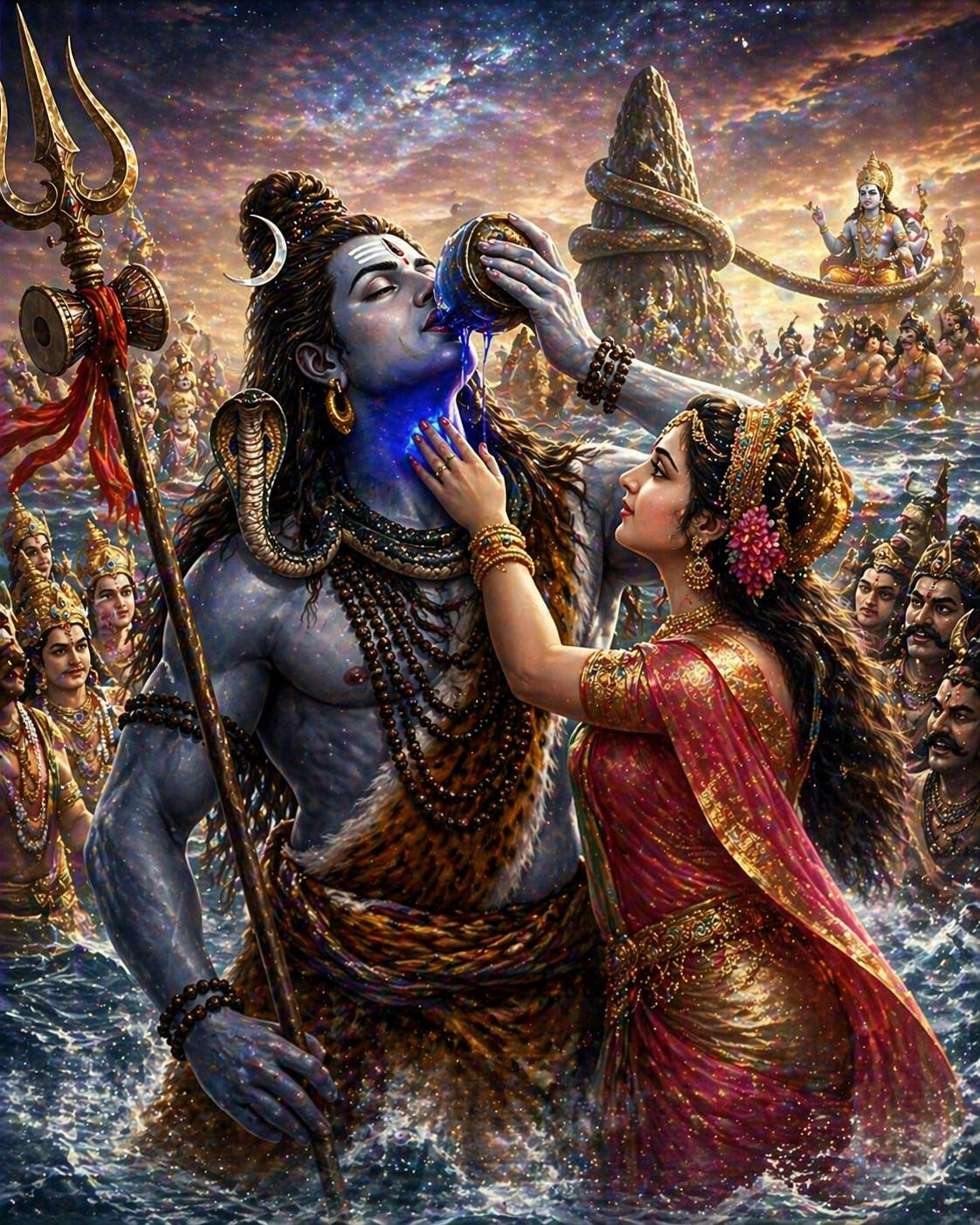 Neelkanth Shiva with blue throat after drinking Halahala poison during Samudra Manthan ocean churning