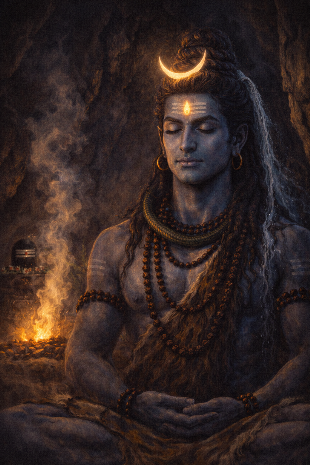 Lord Shiva samadhi meditation in Himalayan cave variant -- sacred fire, dim light -- HD wallpaper