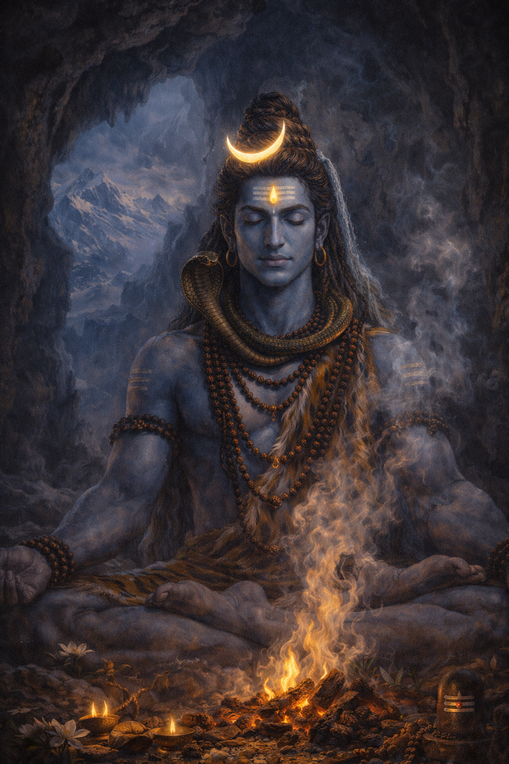 Lord Shiva in deep samadhi meditation in Himalayan cave, blue skin, rudraksha, sacred fire -- HD oil painting style wallpaper
