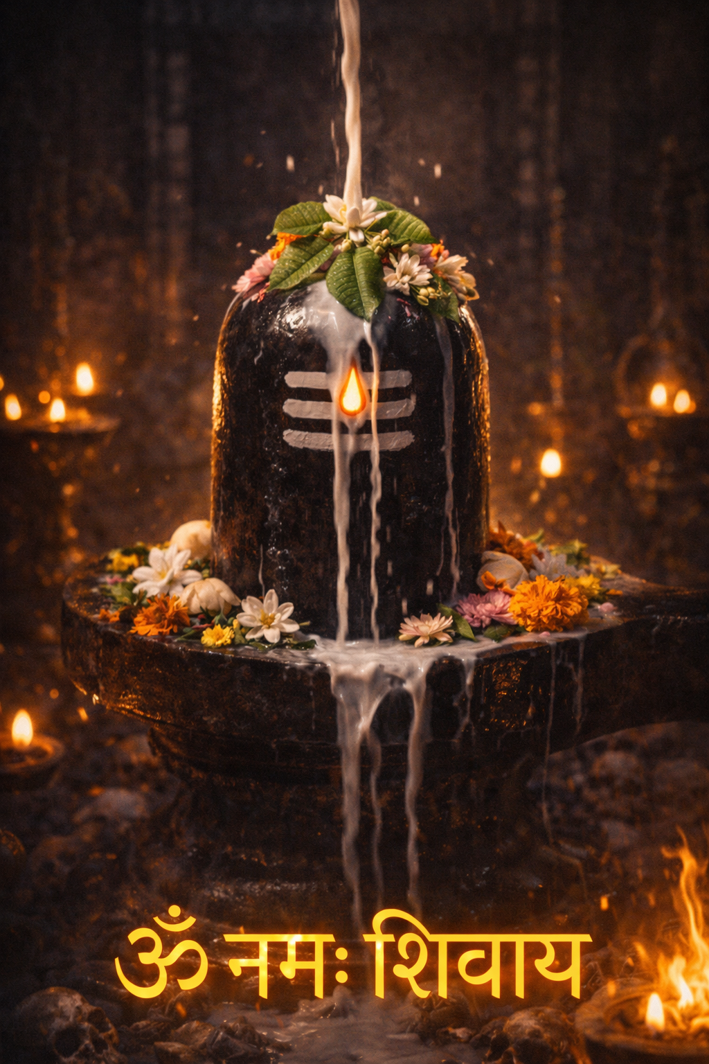 Shiva Lingam with bilva leaves and flowers, milk flowing, Om Namah Shivaya gold Devanagari text, vertical 9:16 WhatsApp format -- HD