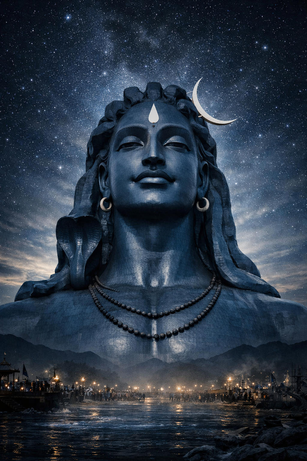 Shiva Adiyogi bust in modern spiritual art style with dramatic backlighting and starry sky