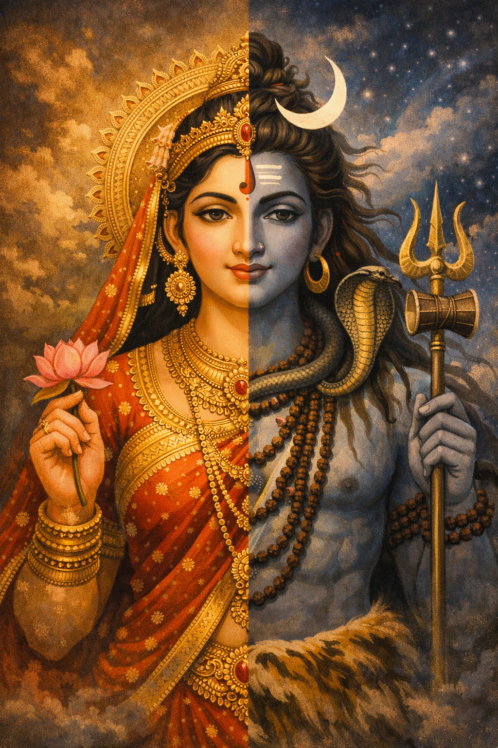 Lord Shiva as Ardhanarishvara half Shiva half Parvati split vertically with cosmic background