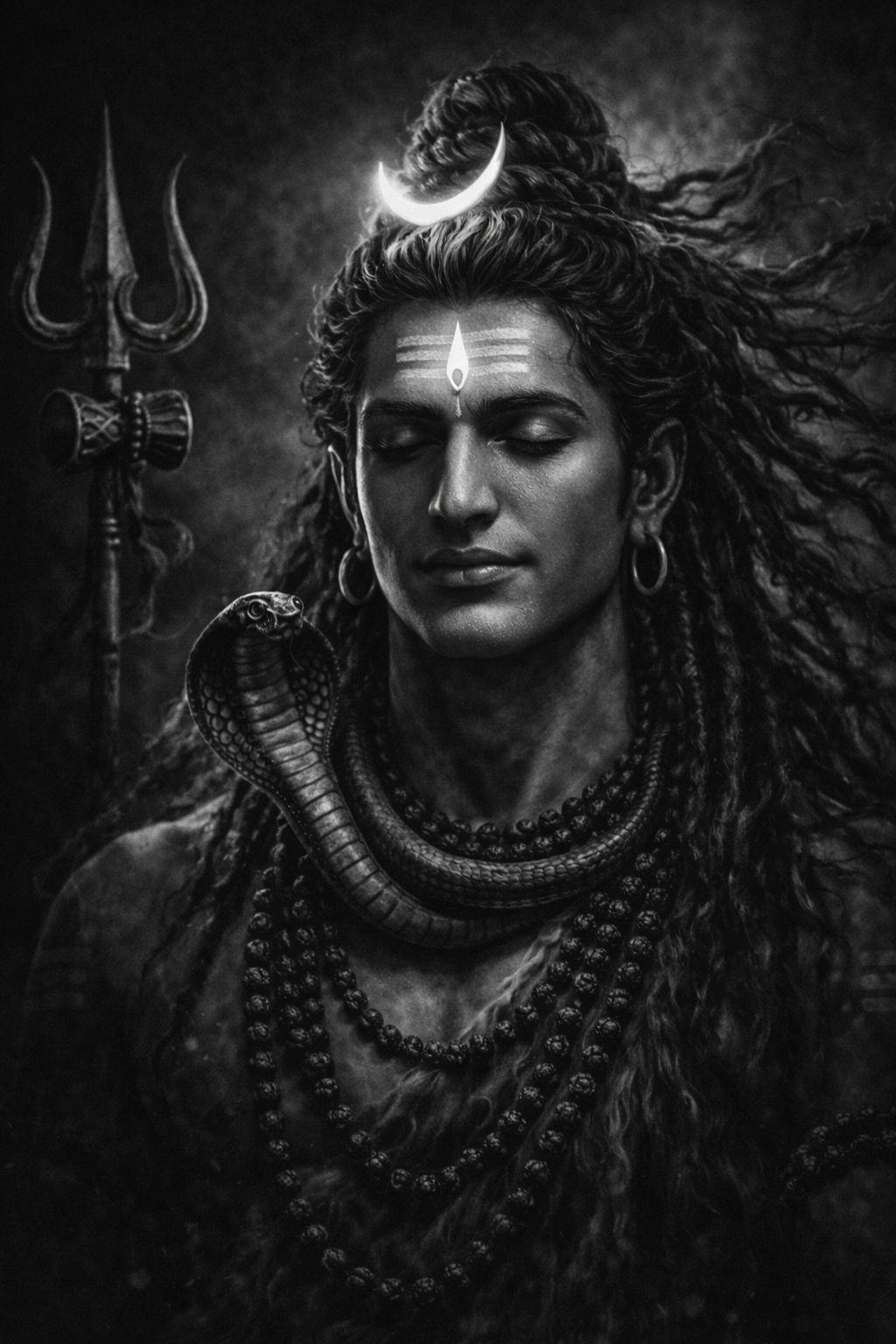 Lord Shiva in dramatic black and white -- matted dreadlocks, third eye, snake, trident -- high contrast monochrome HD wallpaper