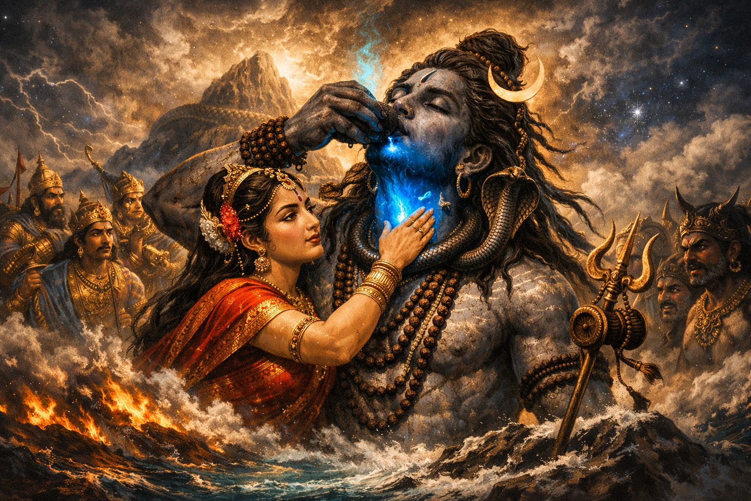 Lord Shiva drinking Halahala poison throat turning blue Parvati pressing his throat Samudra Manthan