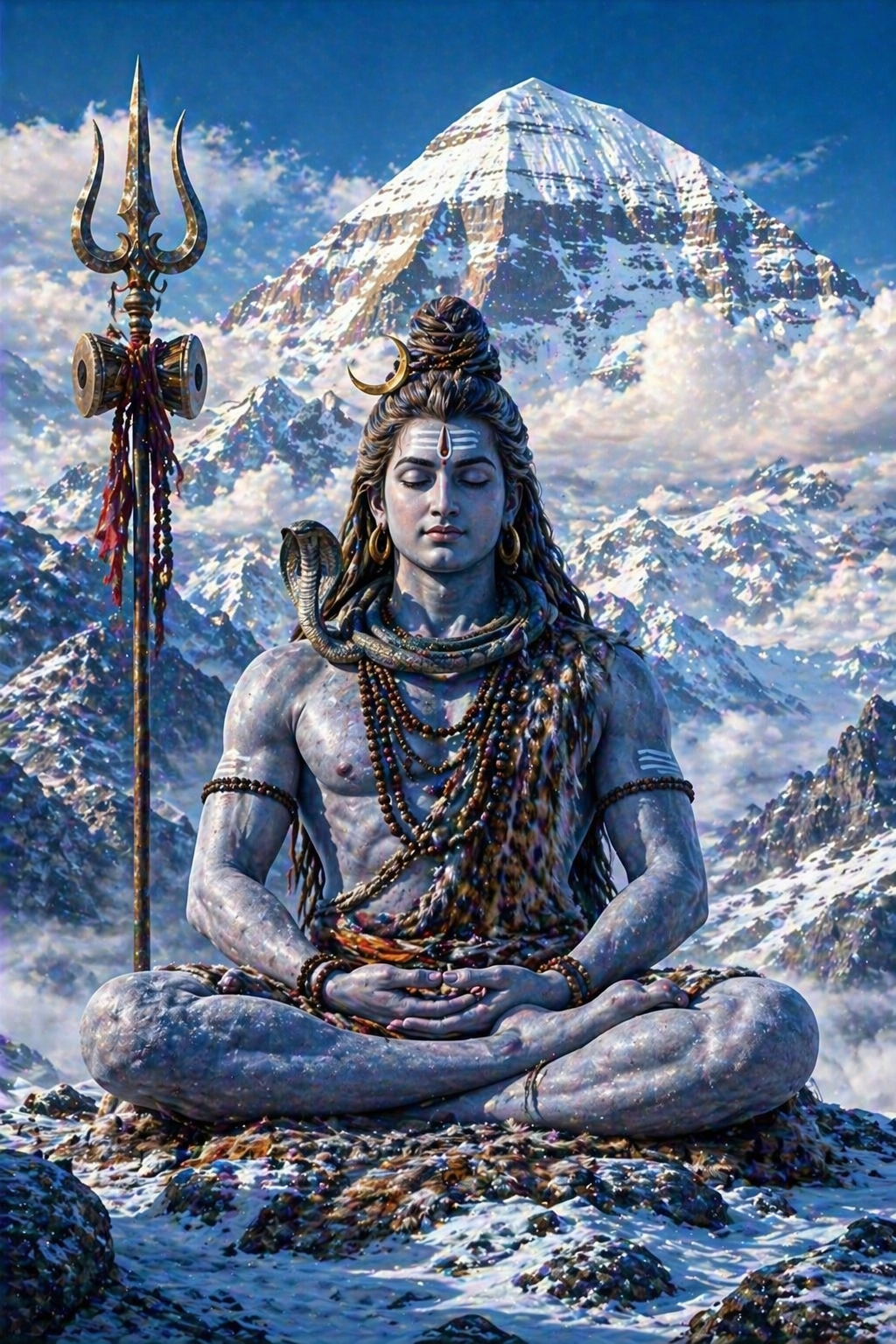 Shiva in deep meditation on Mount Kailash surrounded by Himalayan peaks snow and clouds