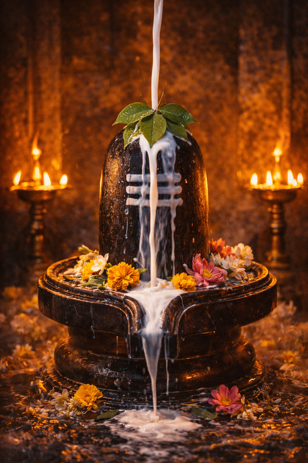 Shiva Lingam being bathed in flowing milk (abhishekam), bilva leaves on top, oil lamps burning, dark temple interior with golden glow -- HD wallpaper