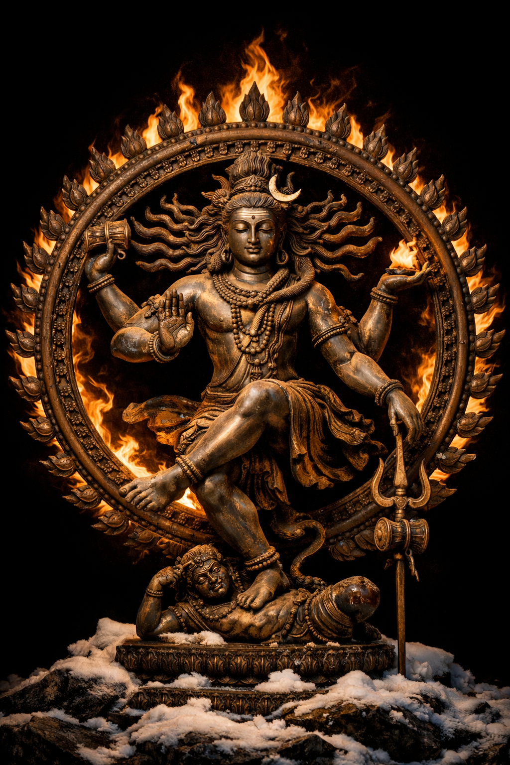 Nataraja Lord Shiva performing cosmic dance Tandava within ring of fire bronze statue style