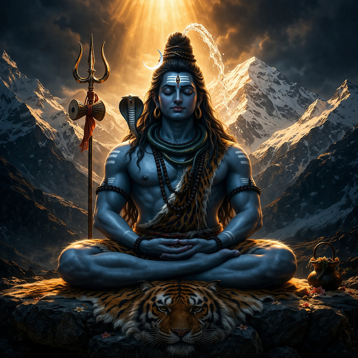 Lord Shiva meditating on Mount Kailash variant -- blue skin, trident, snow mountains, divine light -- HD wallpaper