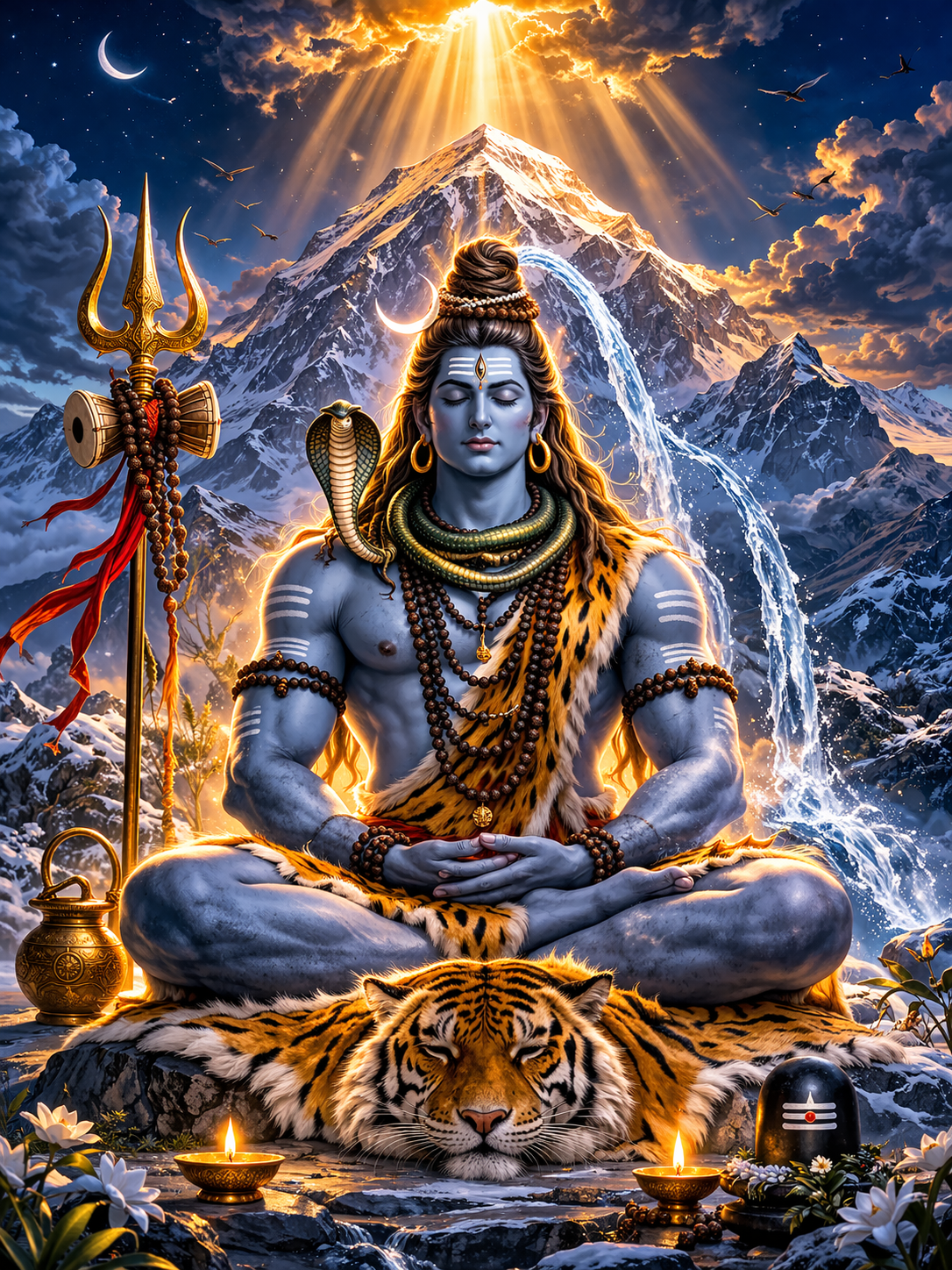 Lord Shiva meditating in lotus pose on Mount Kailash with trident, snake, tiger, Ganga flowing from hair, snow peaks -- HD wallpaper