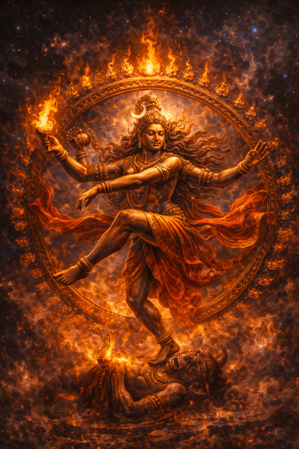 Shiva as Nataraja in bronze-style cosmic dance within ring of fire, dark cosmic background with stars -- HD wallpaper