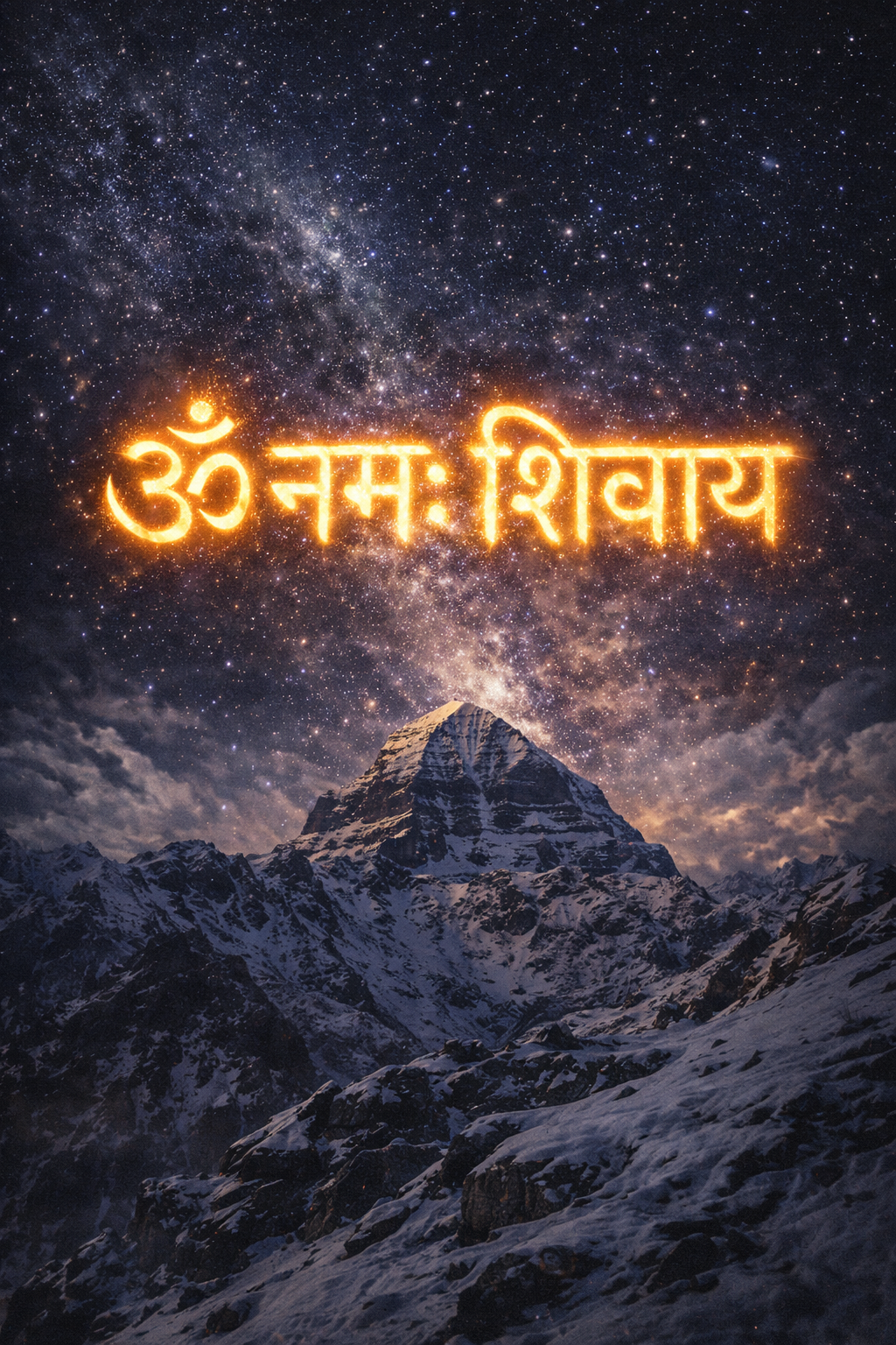 Om Namah Shivaya mantra in golden glowing Devanagari text floating above Mount Kailash at night with Milky Way -- HD wallpaper