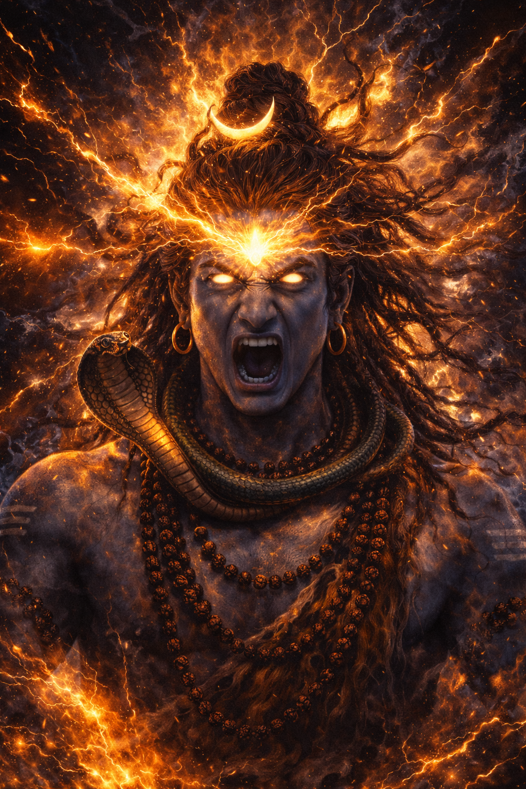 Lord Shiva opening his third eye in cosmic rage -- blazing golden fire, hair flying, cosmic destruction -- HD epic wallpaper