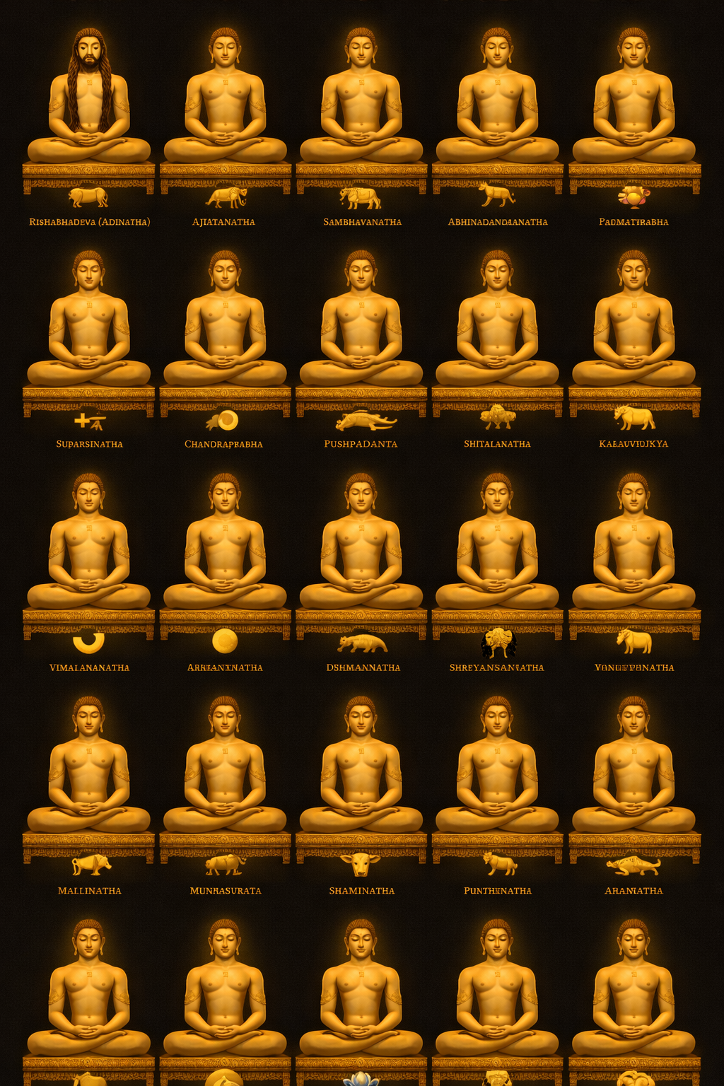 All 24 Jain Tirthankaras arranged in a grid, each golden figure in identical meditation pose with their unique symbol animal shown below, names in text, gold figures on dark background -- HD Jain reference wallpaper