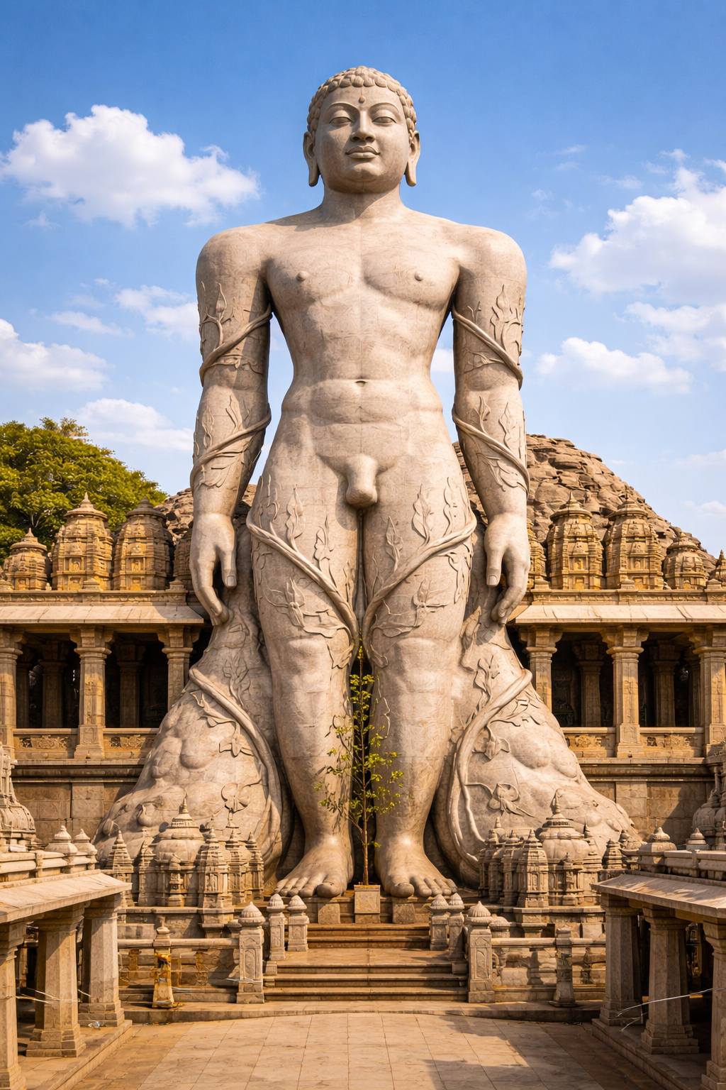 Massive Bahubali Gommateshwara monolithic stone statue 57 feet tall in Kayotsarga standing meditation pose, vines growing on the statue, Jain temple complex visible below, blue sky -- HD wallpaper