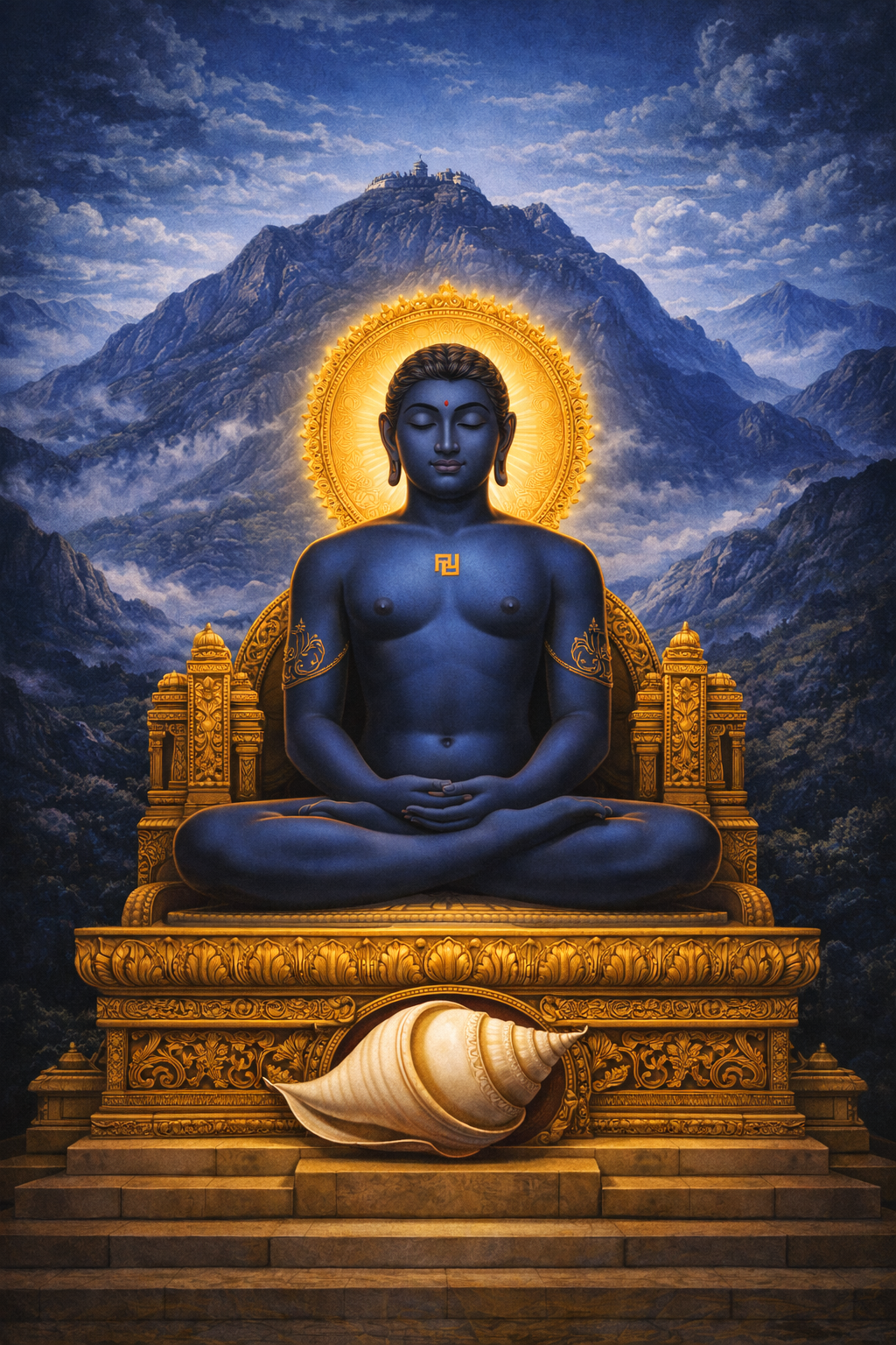 Neminatha the 22nd Tirthankara in meditation, blue-skinned, golden throne, conch shell symbol at base, Mount Girnar mountains in background -- HD Jain wallpaper