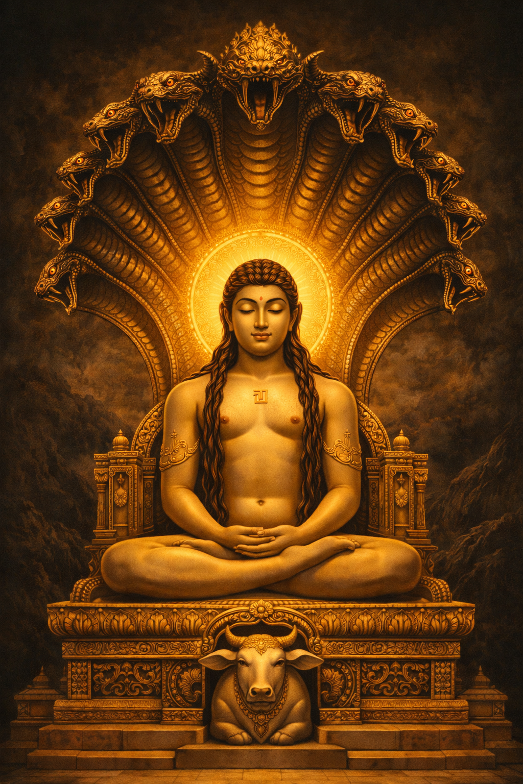 Parshvanatha the 23rd Tirthankara seated in meditation with multi-hooded Dharanendra serpent spread as a protective canopy above his head, dark and gold dramatic color scheme -- HD Jain wallpaper