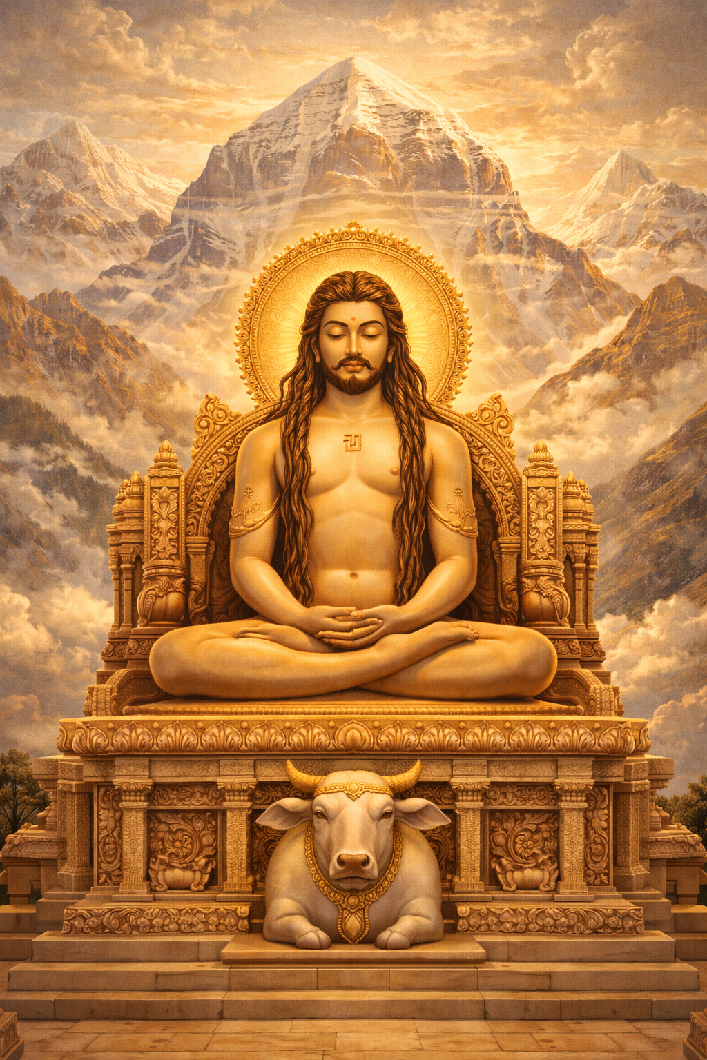 Rishabhadeva Adinatha the first Tirthankara seated in meditation with long matted hair flowing down shoulders, bull symbol at base of throne, Mount Kailash mountain setting, golden and earth tones -- HD Jain wallpaper