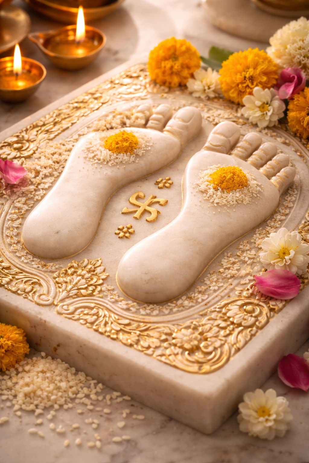 Sacred carved white marble Tirthankara footprints Charanpaduka with Jain symbols carved on them, flowers and rice offerings around, close-up devotional art -- HD Jain wallpaper