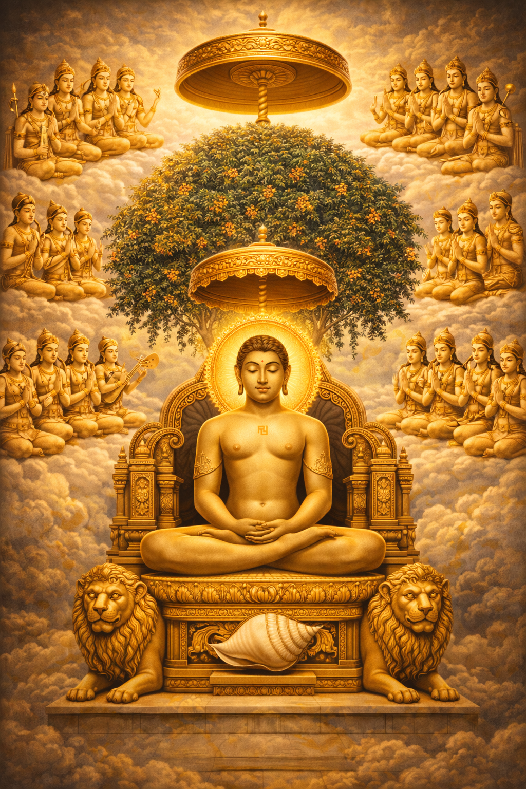 Jain Tirthankara in padmasana meditation on lion throne simhasana, Ashoka tree behind, divine umbrella above, three-tiered cosmic assembly of celestial beings, conch shell at base, golden divine light -- HD Jain wallpaper