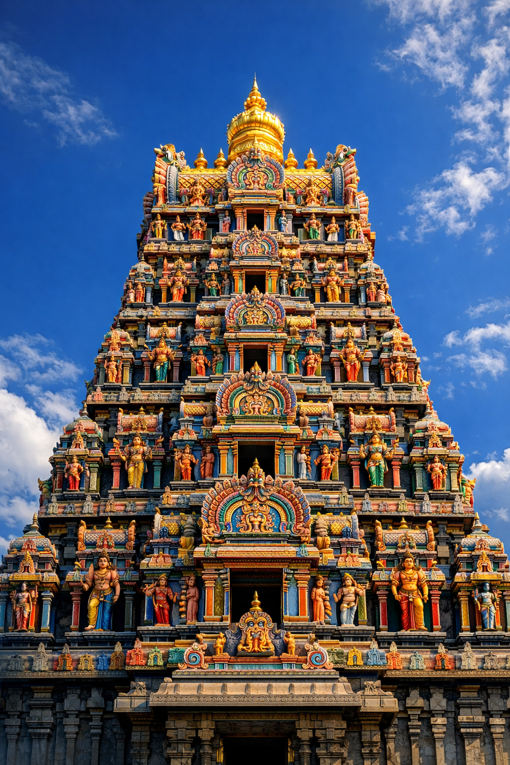 Tirumala Venkateswara Temple gopuram tower richly painted with colorful sculptures, golden top, dramatic angle from below, blue sky -- HD wallpaper