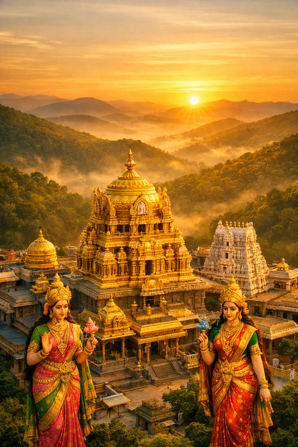 Tirumala temple golden Gopuram aerial view sunrise Eastern Ghats hills morning fog Sridevi Bhudevi figures HD wallpaper