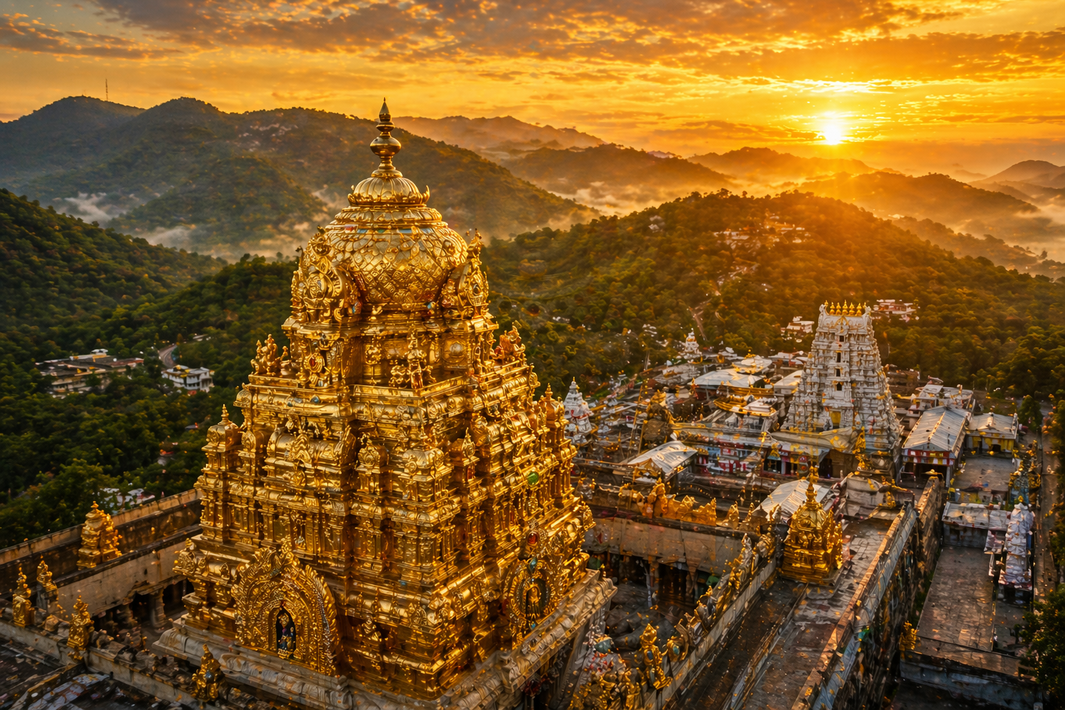 Tirupati Tirumala temple aerial view golden Vimana tower sunrise Eastern Ghats green mountains misty valleys HD wallpaper