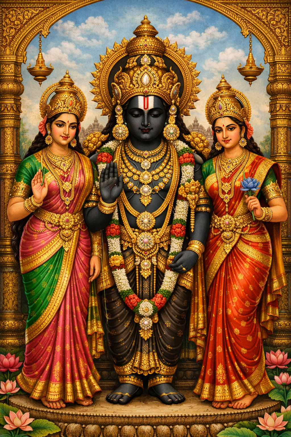 Lord Venkateshwara with Sridevi and Bhudevi consorts classical South Indian temple art style golden arch lotus HD wallpaper