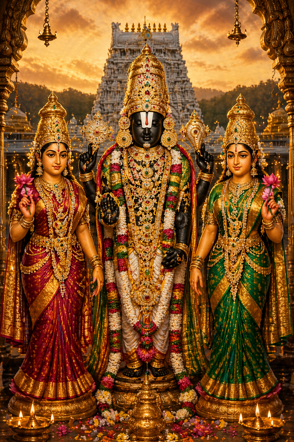 Lord Venkateshwara with Sridevi red sari and Bhudevi green sari consorts temple gopuram sunset oil lamps HD wallpaper