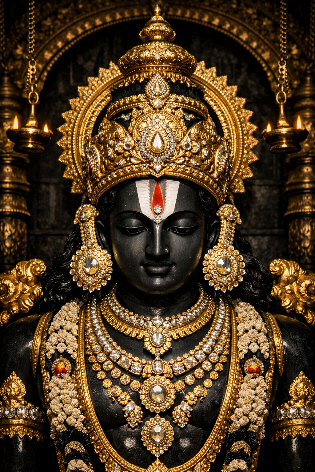 Tirupati Balaji Venkateshwara close-up portrait dark stone HD wallpaper golden crown ornaments Tiruman Namam sanctum oil lamps