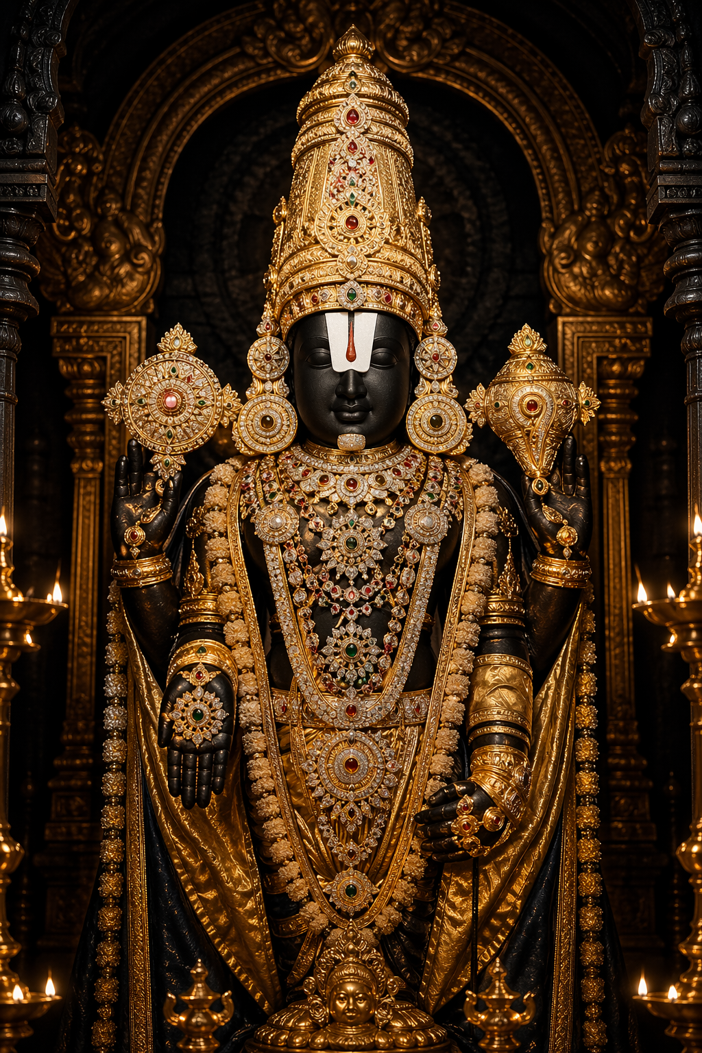 Lord Venkateshwara Tirupati Balaji dark stone temple idol HD wallpaper golden crown Tiruman Namam diamond ornaments sanctum oil lamps