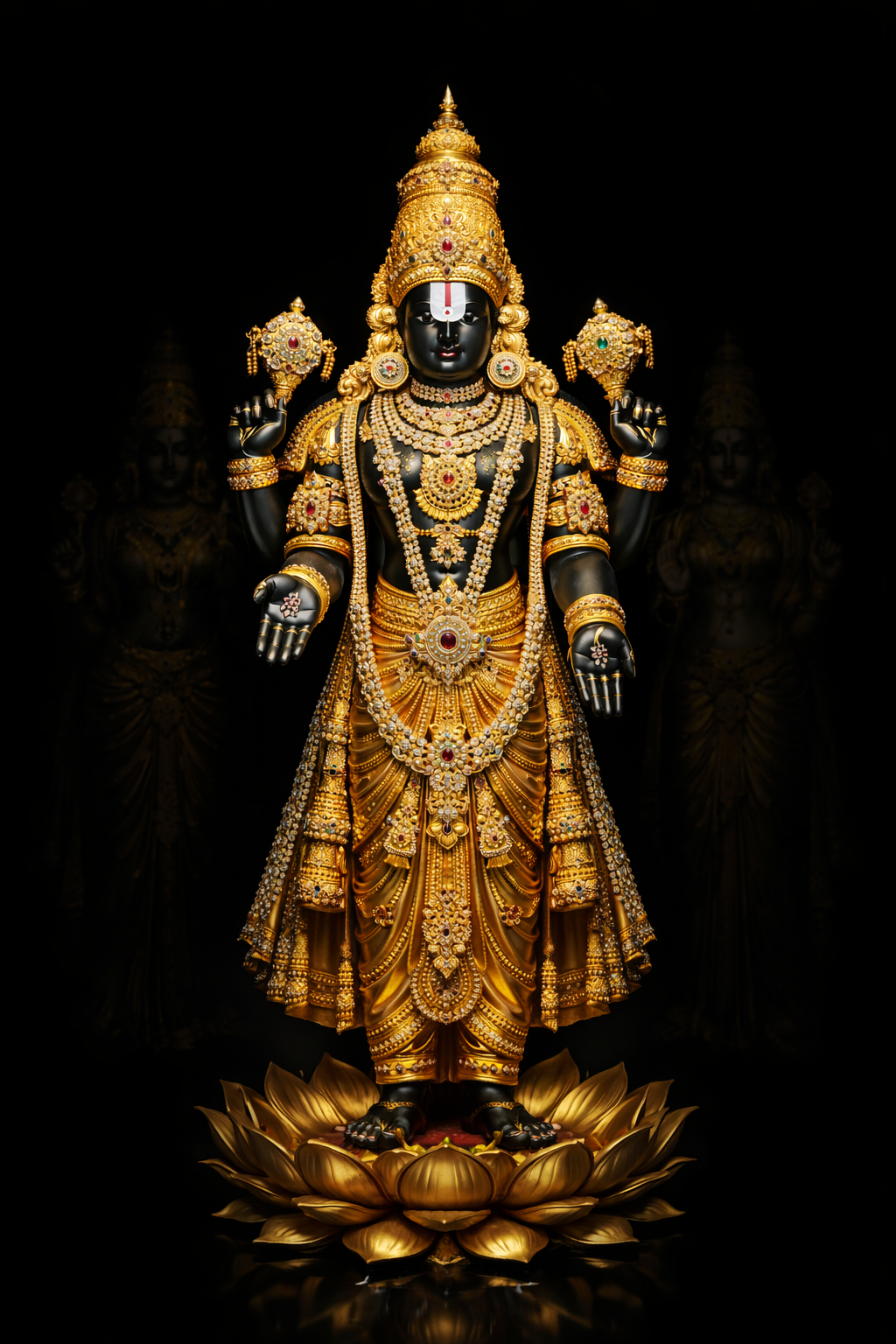 Venkateswara Swamy full body standing on lotus, Sridevi and Bhudevi faintly visible, pure black background, golden gleaming ornaments -- HD wallpaper