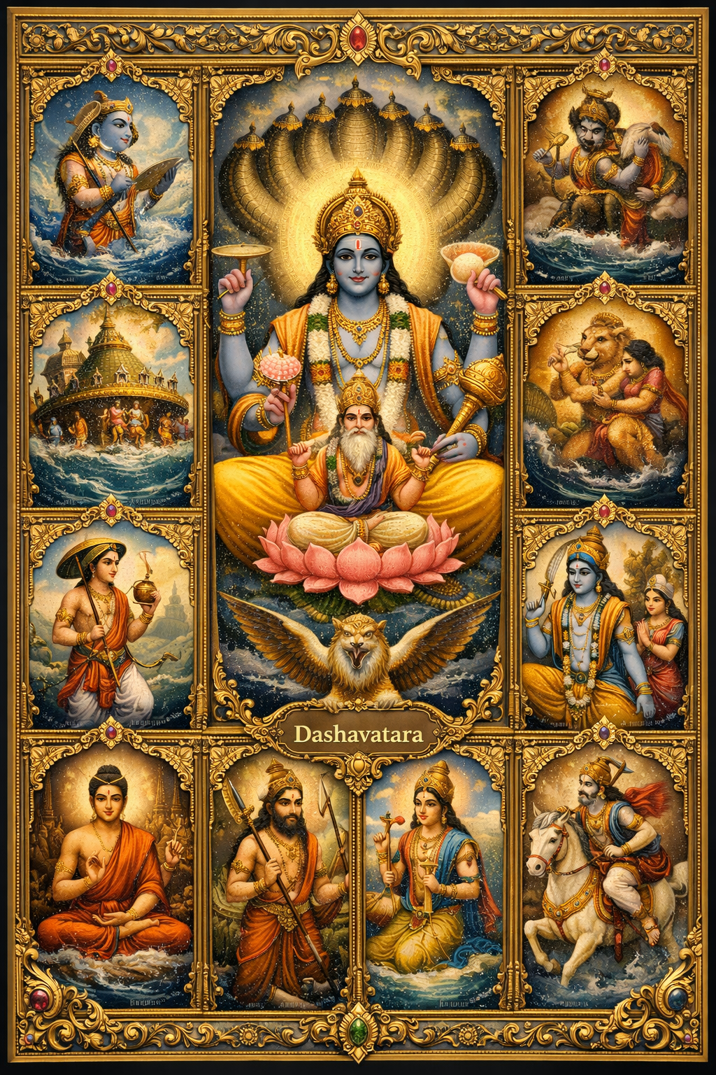 Dashavatara ten incarnations Lord Vishnu classical art HD wallpaper golden frames central Vishnu figure all ten avatars devotional