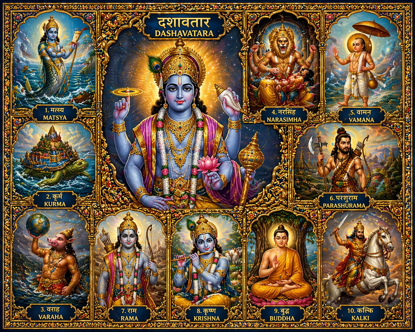 Dashavatara ten avatars of Lord Vishnu HD wallpaper Matsya Kurma Varaha Narasimha Vamana Parashurama Rama Krishna Buddha Kalki